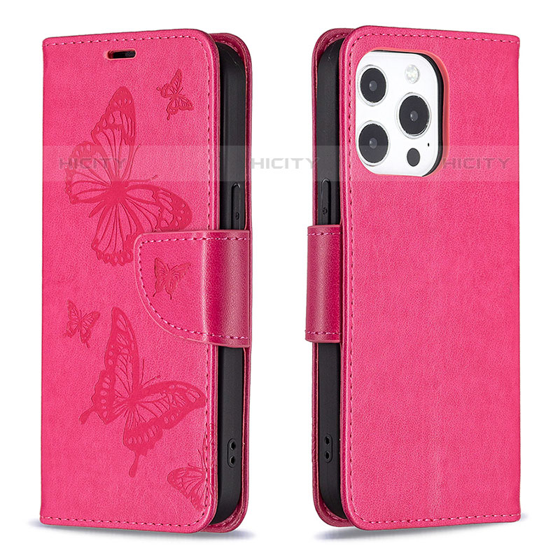 Custodia Portafoglio In Pelle Farfalla Cover con Supporto L09 per Apple iPhone 15 Pro Rosa Caldo