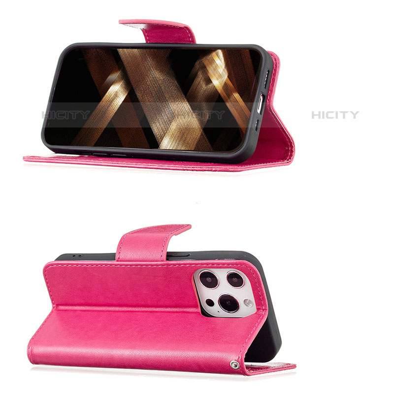 Custodia Portafoglio In Pelle Farfalla Cover con Supporto L09 per Apple iPhone 15 Pro Rosa Caldo