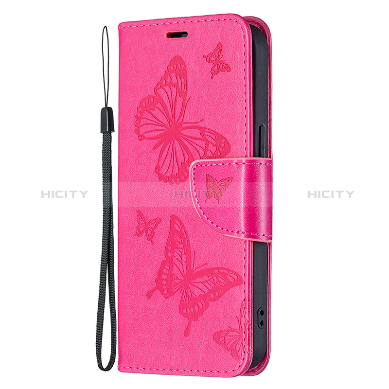 Custodia Portafoglio In Pelle Farfalla Cover con Supporto L09 per Apple iPhone 15 Rosa Caldo