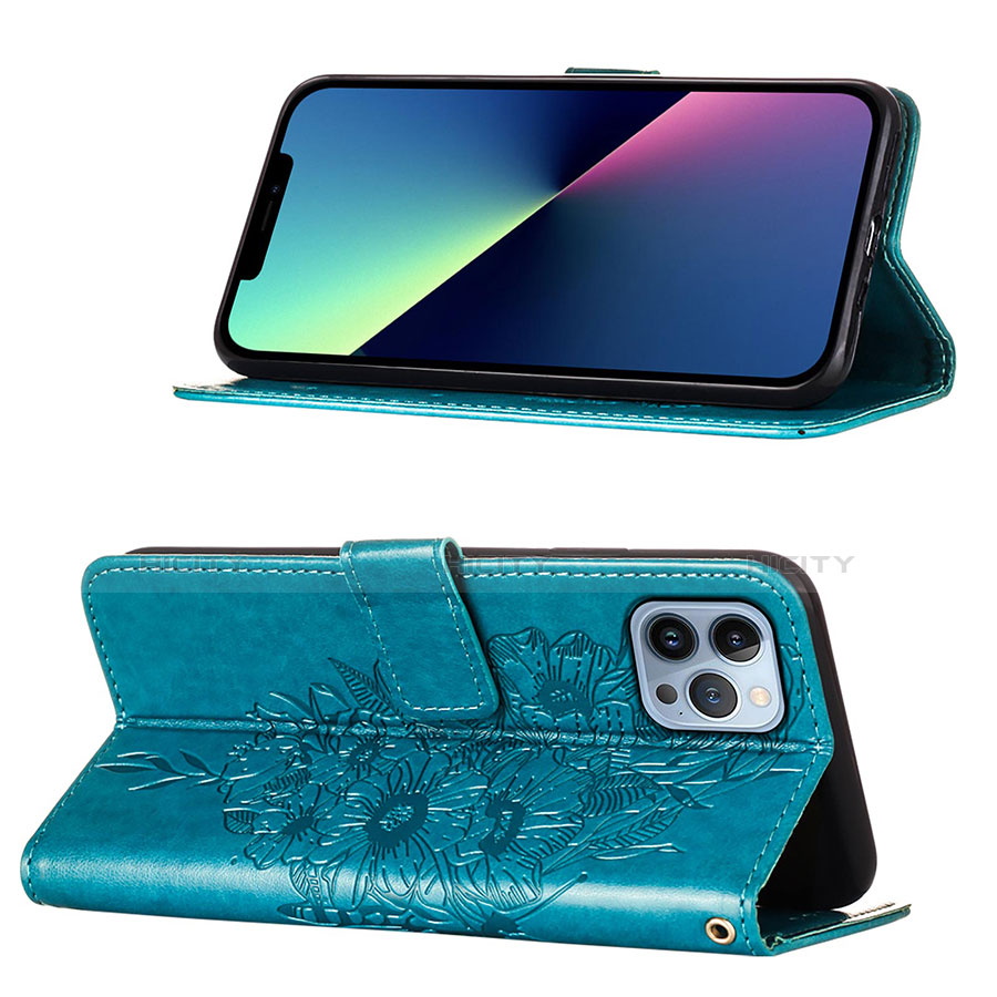 Custodia Portafoglio In Pelle Farfalla Cover con Supporto L10 per Apple iPhone 13 Pro Blu