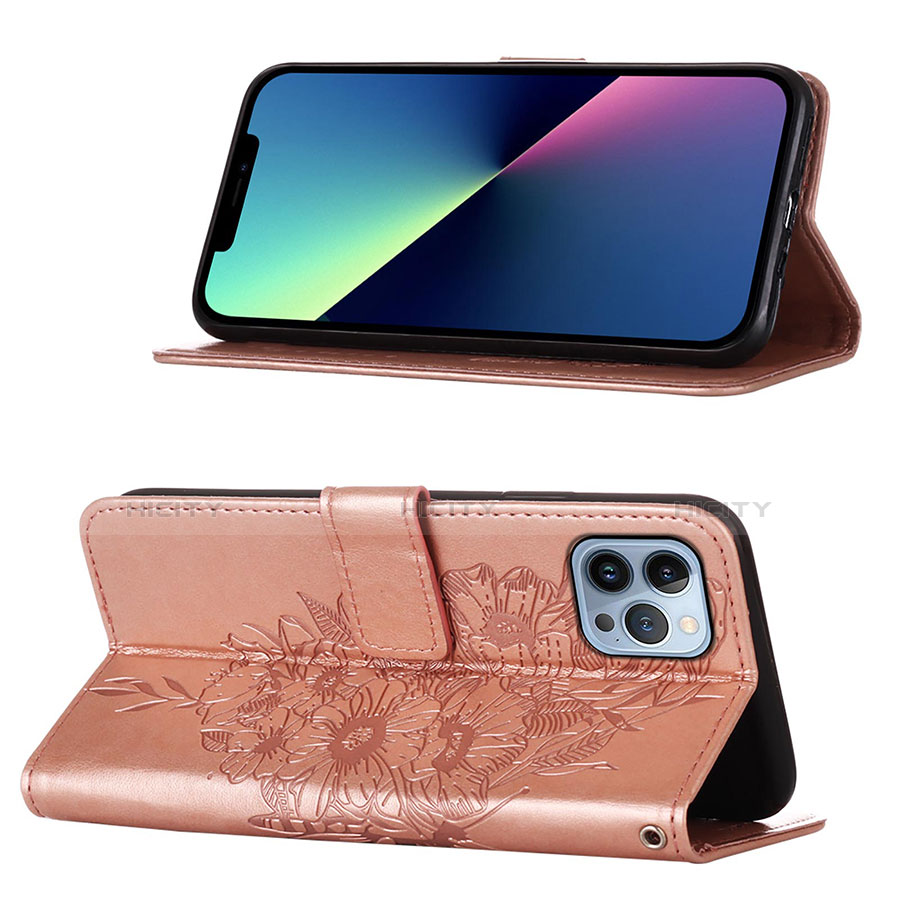 Custodia Portafoglio In Pelle Farfalla Cover con Supporto L10 per Apple iPhone 13 Pro Max Oro Rosa