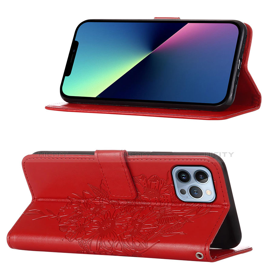 Custodia Portafoglio In Pelle Farfalla Cover con Supporto L10 per Apple iPhone 13 Pro Max Rosso