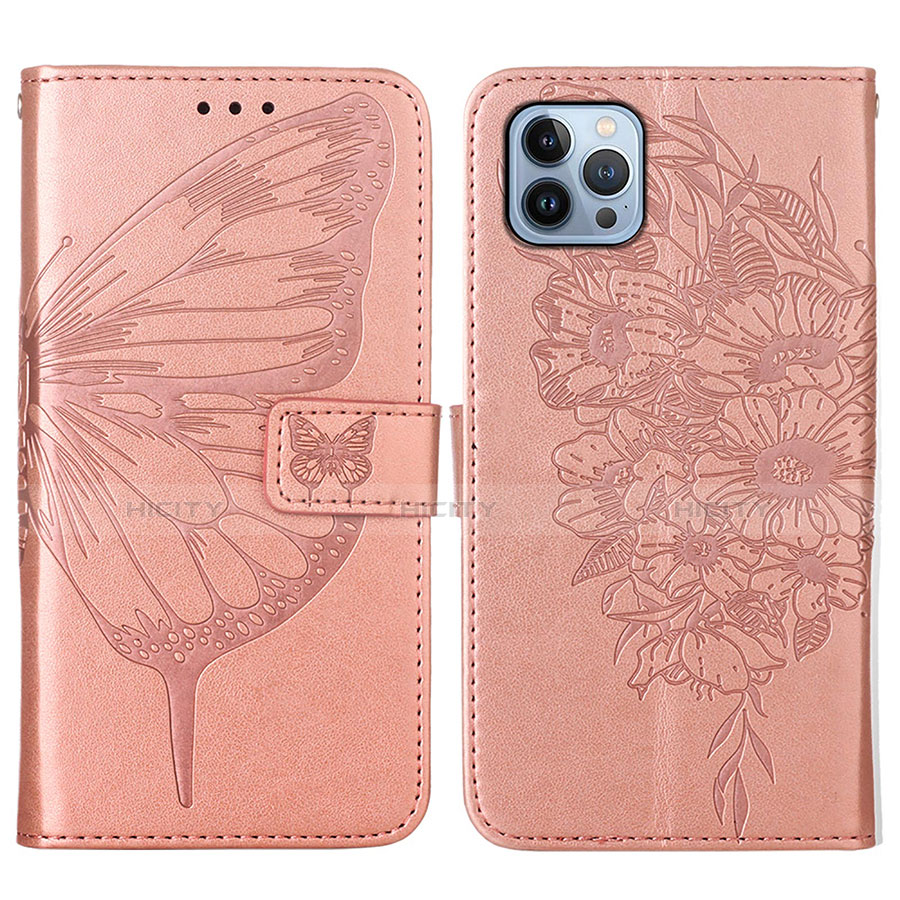 Custodia Portafoglio In Pelle Farfalla Cover con Supporto L10 per Apple iPhone 13 Pro Oro Rosa