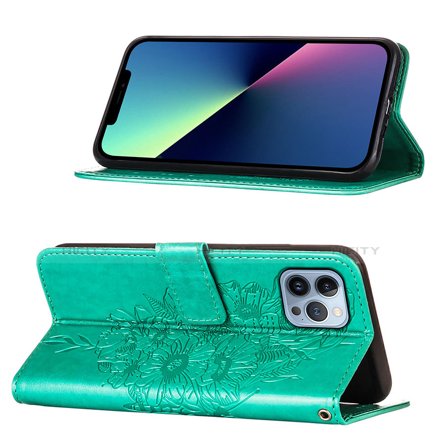 Custodia Portafoglio In Pelle Farfalla Cover con Supporto L10 per Apple iPhone 13 Pro Verde