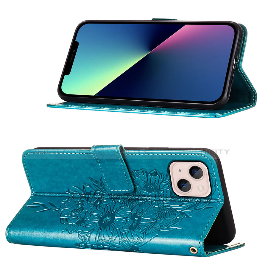 Custodia Portafoglio In Pelle Farfalla Cover con Supporto L10 per Apple iPhone 14 Blu