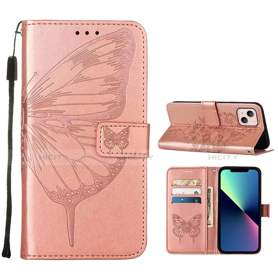 Custodia Portafoglio In Pelle Farfalla Cover con Supporto L10 per Apple iPhone 14 Oro Rosa