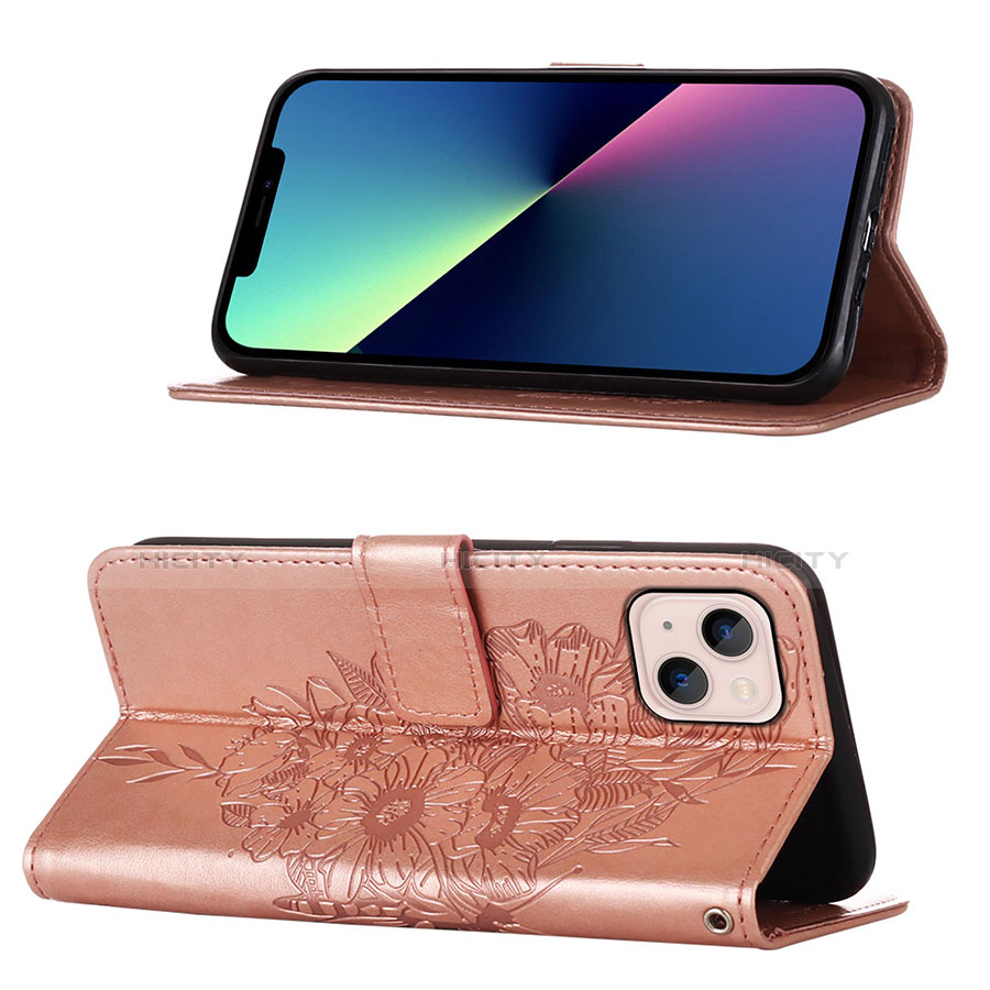 Custodia Portafoglio In Pelle Farfalla Cover con Supporto L10 per Apple iPhone 14 Oro Rosa