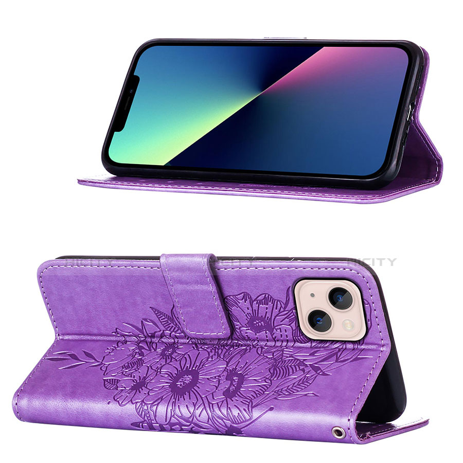 Custodia Portafoglio In Pelle Farfalla Cover con Supporto L10 per Apple iPhone 14 Plus Lavanda