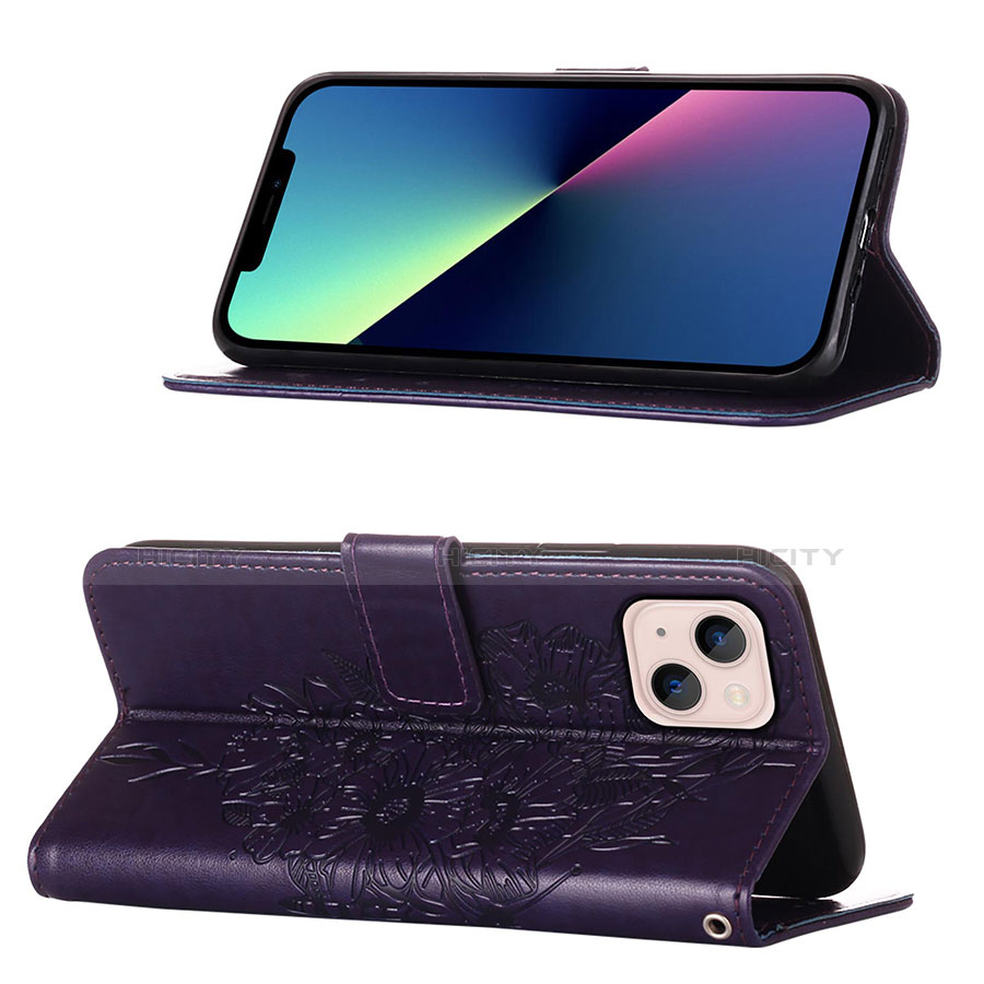 Custodia Portafoglio In Pelle Farfalla Cover con Supporto L10 per Apple iPhone 14 Plus Viola