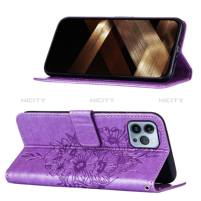 Custodia Portafoglio In Pelle Farfalla Cover con Supporto L10 per Apple iPhone 14 Pro Lavanda