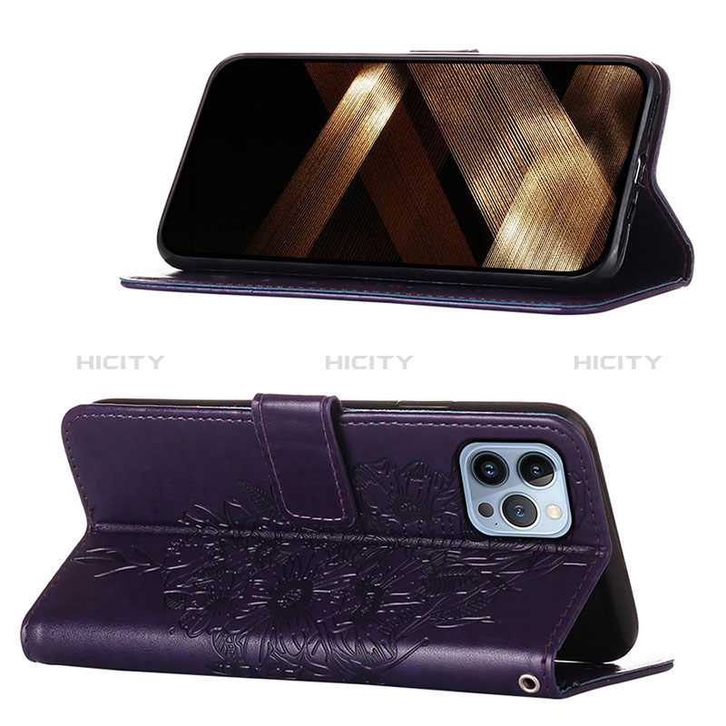 Custodia Portafoglio In Pelle Farfalla Cover con Supporto L10 per Apple iPhone 14 Pro Max Viola