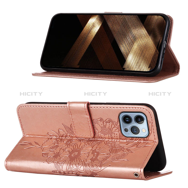 Custodia Portafoglio In Pelle Farfalla Cover con Supporto L10 per Apple iPhone 14 Pro Oro Rosa