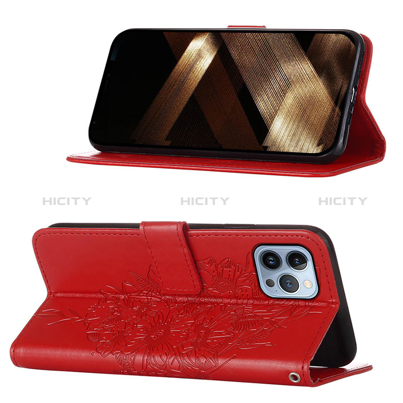 Custodia Portafoglio In Pelle Farfalla Cover con Supporto L10 per Apple iPhone 14 Pro Rosso