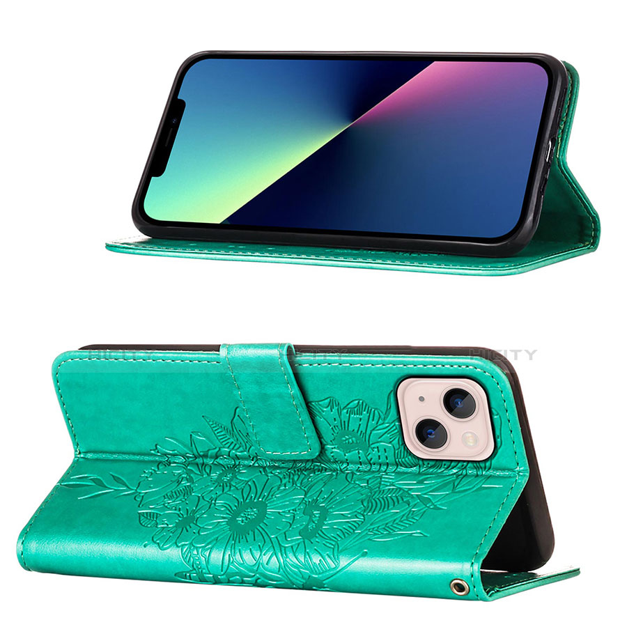 Custodia Portafoglio In Pelle Farfalla Cover con Supporto L10 per Apple iPhone 14 Verde