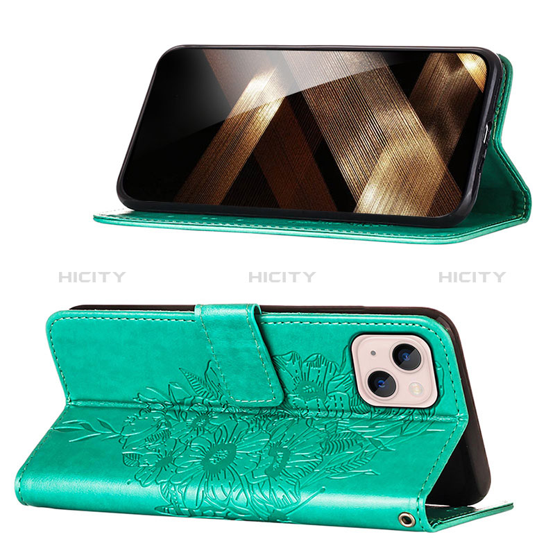 Custodia Portafoglio In Pelle Farfalla Cover con Supporto L10 per Apple iPhone 15 Plus Verde