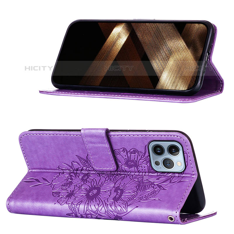 Custodia Portafoglio In Pelle Farfalla Cover con Supporto L10 per Apple iPhone 15 Pro Lavanda