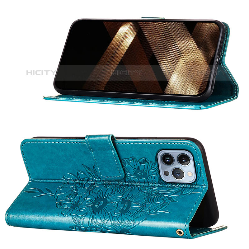 Custodia Portafoglio In Pelle Farfalla Cover con Supporto L10 per Apple iPhone 15 Pro Max Blu