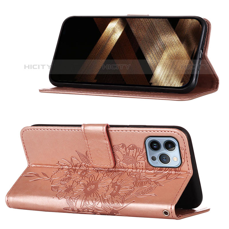 Custodia Portafoglio In Pelle Farfalla Cover con Supporto L10 per Apple iPhone 15 Pro Max Oro Rosa