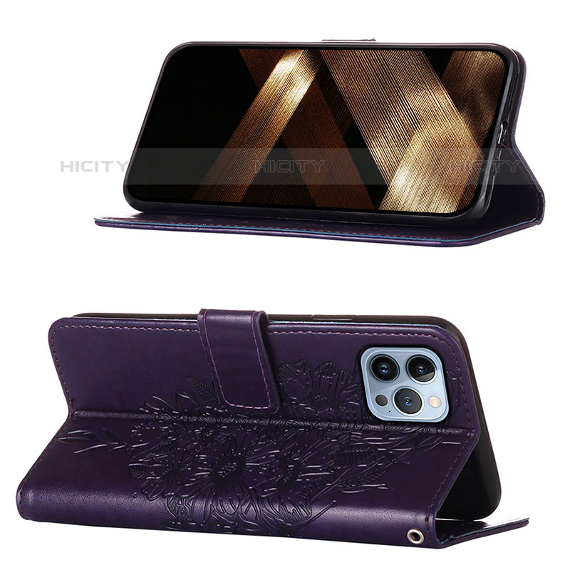 Custodia Portafoglio In Pelle Farfalla Cover con Supporto L10 per Apple iPhone 15 Pro Max Viola