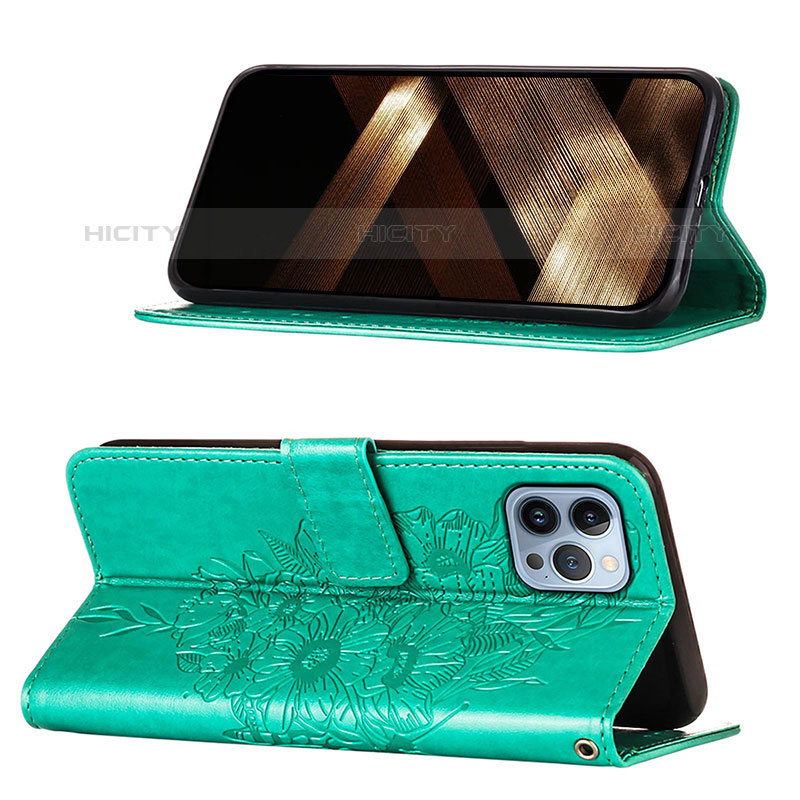 Custodia Portafoglio In Pelle Farfalla Cover con Supporto L10 per Apple iPhone 15 Pro Verde