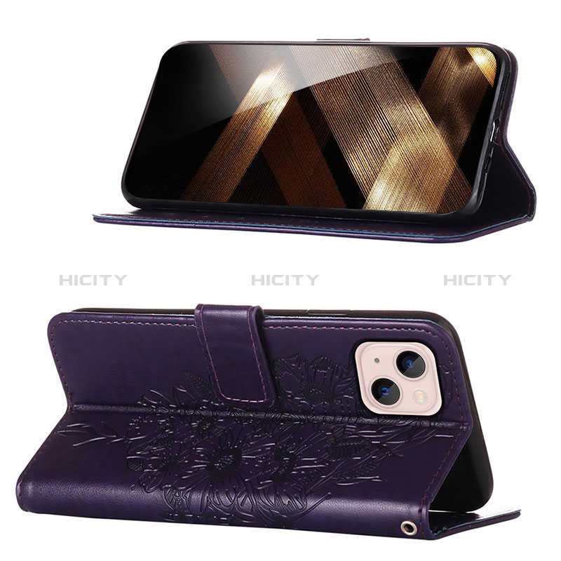 Custodia Portafoglio In Pelle Farfalla Cover con Supporto L10 per Apple iPhone 15 Viola