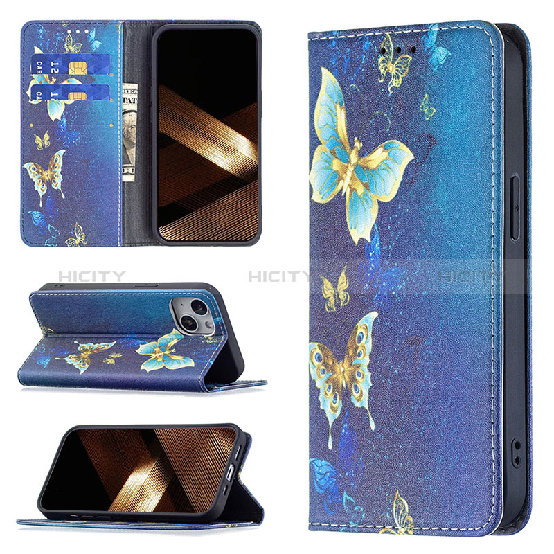 Custodia Portafoglio In Pelle Farfalla Cover con Supporto per Apple iPhone 15 Plus Blu