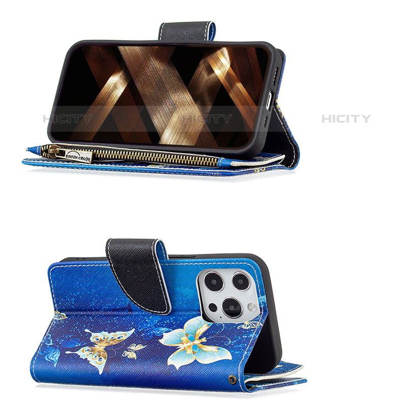 Custodia Portafoglio In Pelle Farfalla Cover con Supporto per Apple iPhone 15 Pro Blu