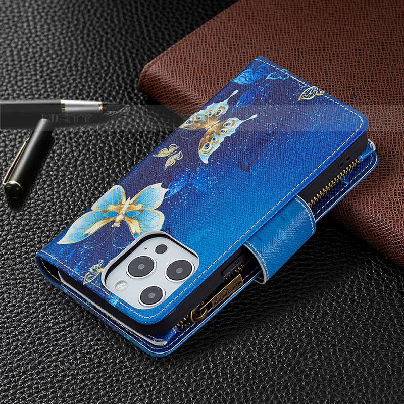 Custodia Portafoglio In Pelle Farfalla Cover con Supporto per Apple iPhone 15 Pro Blu