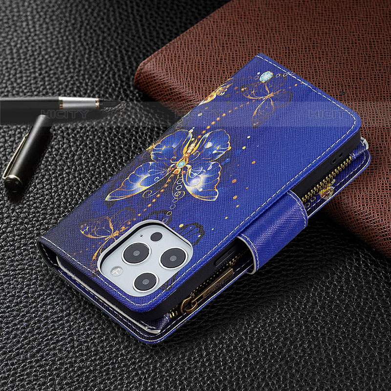 Custodia Portafoglio In Pelle Farfalla Cover con Supporto per Apple iPhone 15 Pro Blu Notte