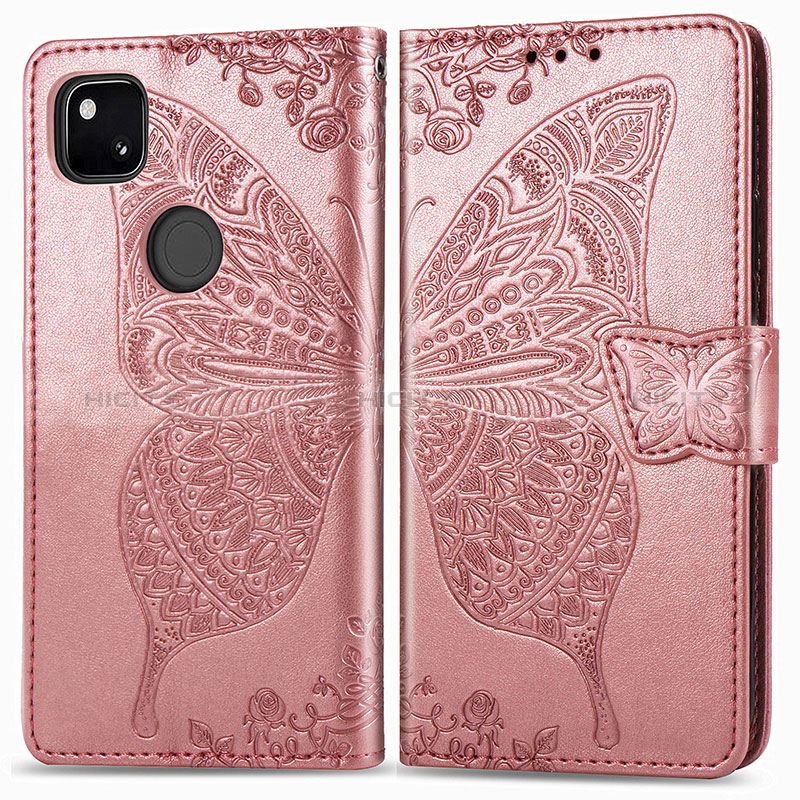 Custodia Portafoglio In Pelle Farfalla Cover con Supporto per Google Pixel 4a Oro Rosa