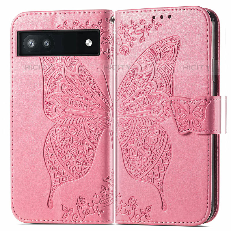 Custodia Portafoglio In Pelle Farfalla Cover con Supporto per Google Pixel 6a 5G Rosa Caldo