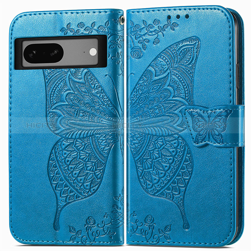 Custodia Portafoglio In Pelle Farfalla Cover con Supporto per Google Pixel 7 5G Blu