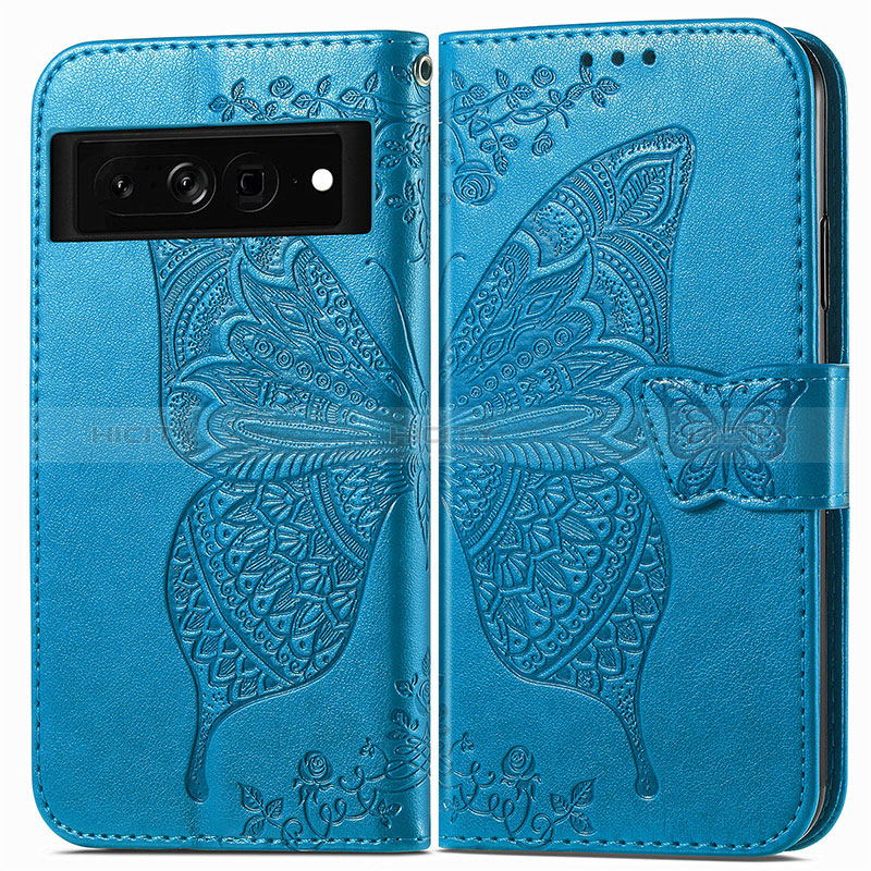 Custodia Portafoglio In Pelle Farfalla Cover con Supporto per Google Pixel 7 Pro 5G Blu