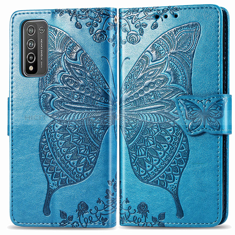 Custodia Portafoglio In Pelle Farfalla Cover con Supporto per Huawei Honor 10X Lite Blu