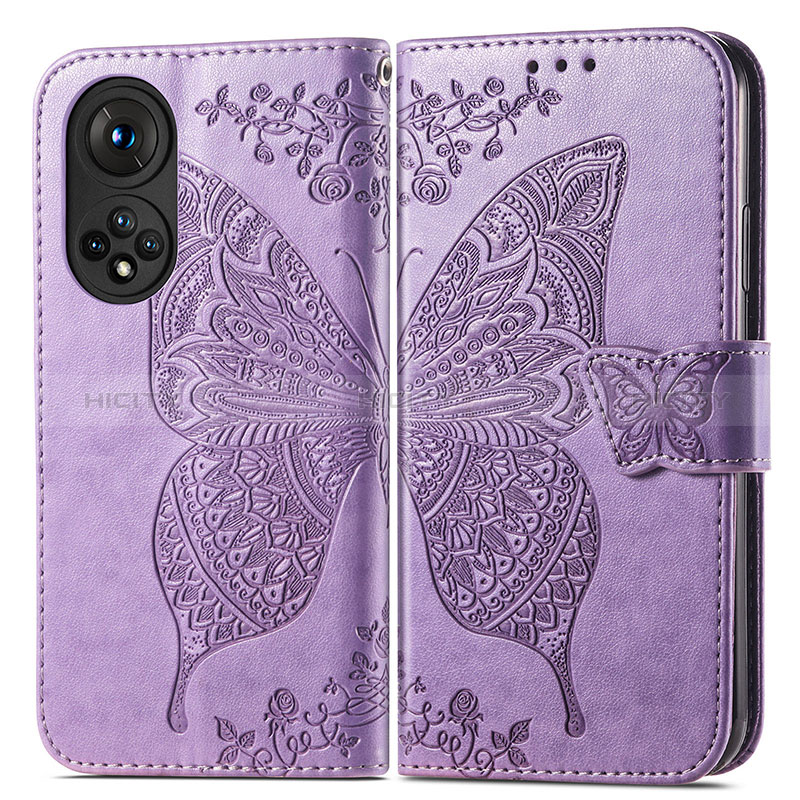 Custodia Portafoglio In Pelle Farfalla Cover con Supporto per Huawei Honor 50 5G Lavanda