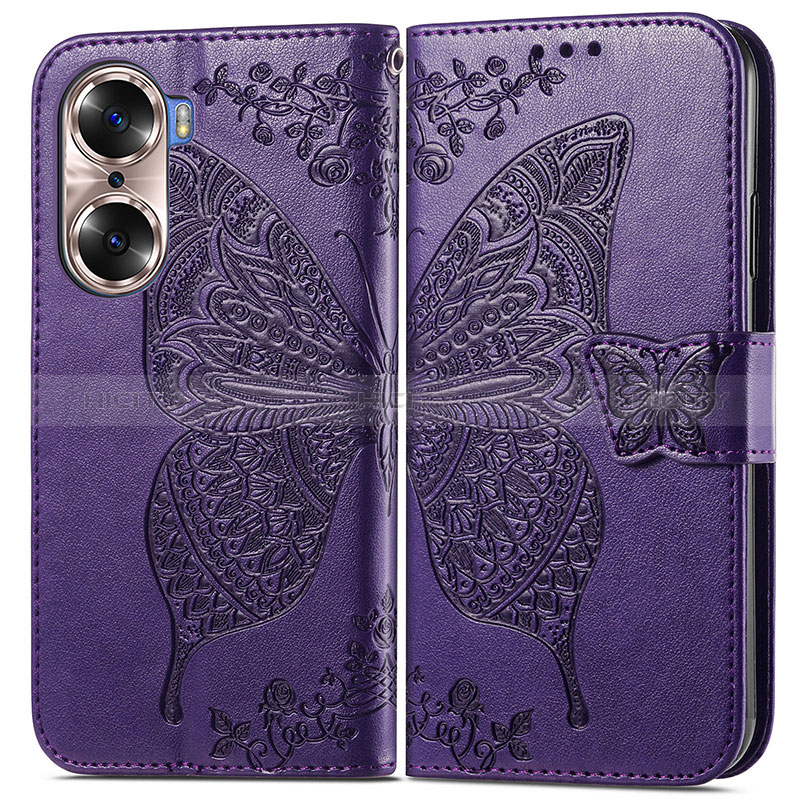 Custodia Portafoglio In Pelle Farfalla Cover con Supporto per Huawei Honor 60 5G Viola