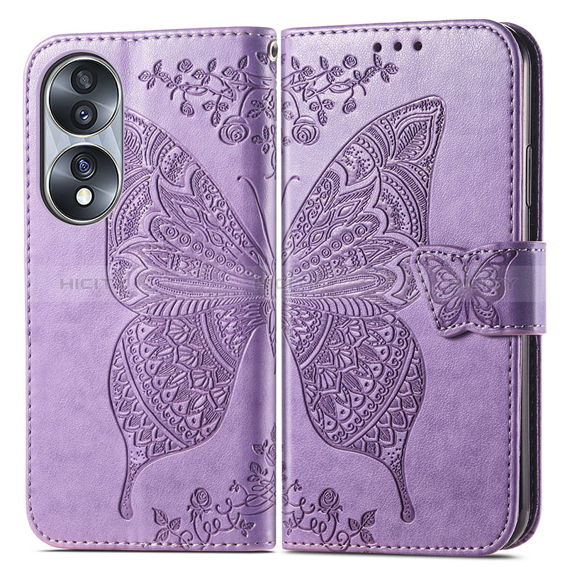 Custodia Portafoglio In Pelle Farfalla Cover con Supporto per Huawei Honor 70 5G Lavanda