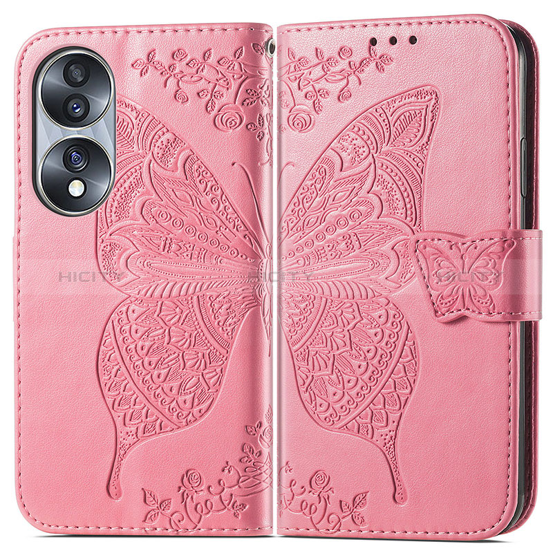 Custodia Portafoglio In Pelle Farfalla Cover con Supporto per Huawei Honor 70 5G Rosa Caldo