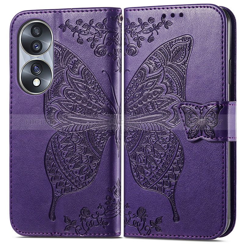 Custodia Portafoglio In Pelle Farfalla Cover con Supporto per Huawei Honor 70 5G Viola