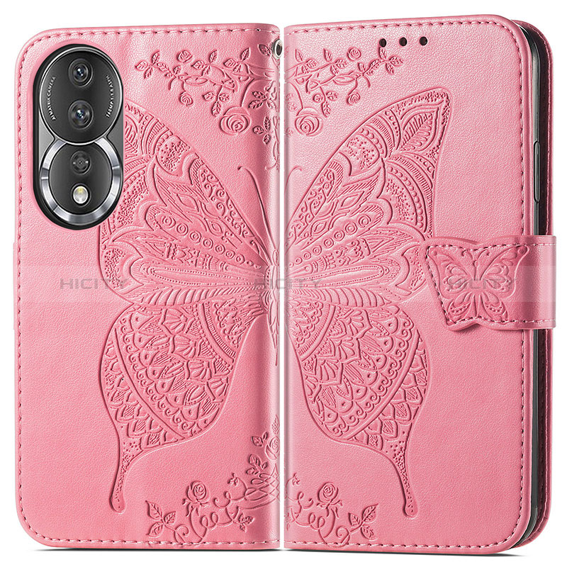 Custodia Portafoglio In Pelle Farfalla Cover con Supporto per Huawei Honor 80 5G Rosa Caldo