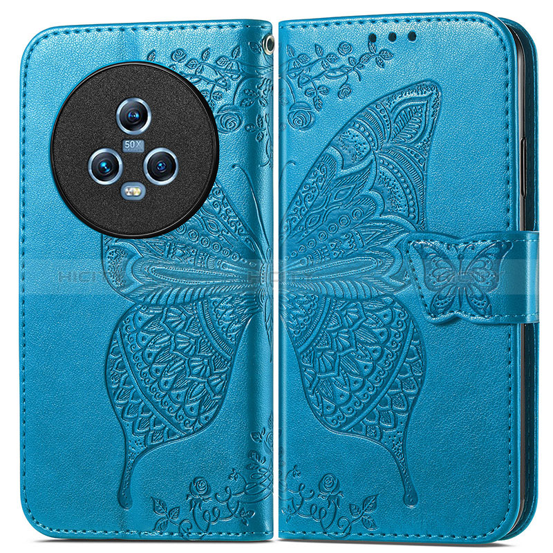 Custodia Portafoglio In Pelle Farfalla Cover con Supporto per Huawei Honor Magic5 5G Blu