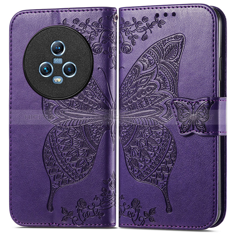 Custodia Portafoglio In Pelle Farfalla Cover con Supporto per Huawei Honor Magic5 5G Viola