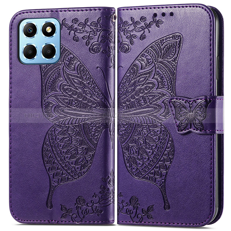 Custodia Portafoglio In Pelle Farfalla Cover con Supporto per Huawei Honor X6 5G Viola