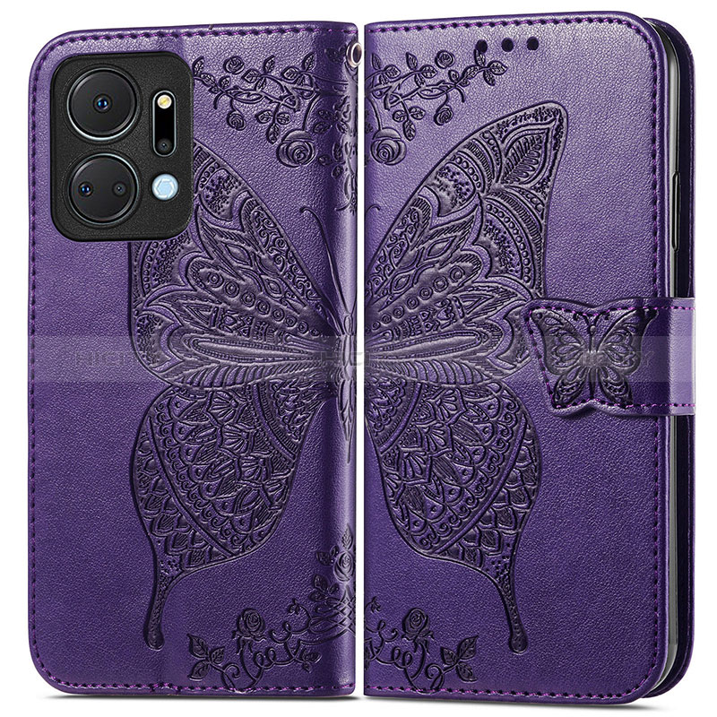 Custodia Portafoglio In Pelle Farfalla Cover con Supporto per Huawei Honor X7a Viola