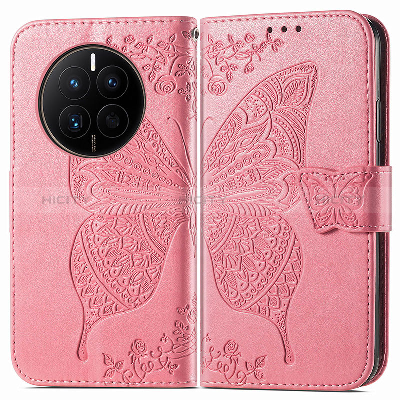 Custodia Portafoglio In Pelle Farfalla Cover con Supporto per Huawei Mate 50 Rosa Caldo