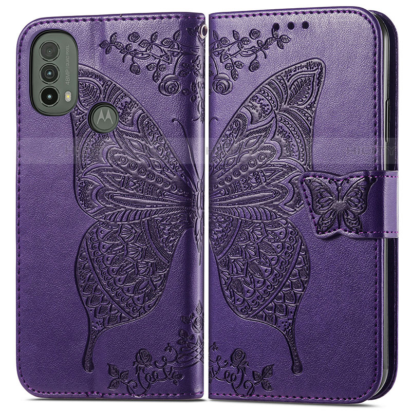 Custodia Portafoglio In Pelle Farfalla Cover con Supporto per Motorola Moto E30 Viola