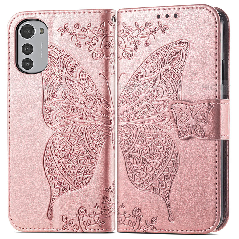 Custodia Portafoglio In Pelle Farfalla Cover con Supporto per Motorola Moto E32 Rosa