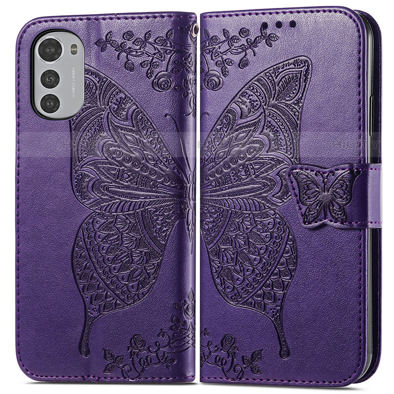 Custodia Portafoglio In Pelle Farfalla Cover con Supporto per Motorola Moto E32s Viola