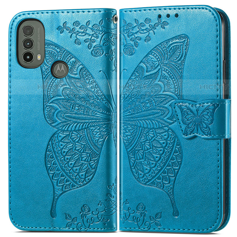 Custodia Portafoglio In Pelle Farfalla Cover con Supporto per Motorola Moto E40 Blu