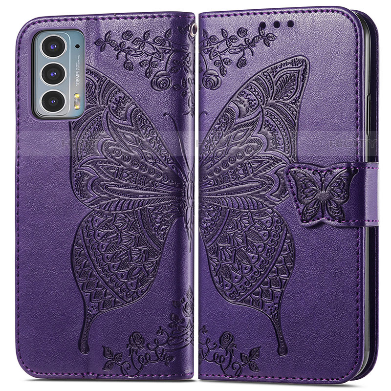 Custodia Portafoglio In Pelle Farfalla Cover con Supporto per Motorola Moto Edge 20 5G Viola